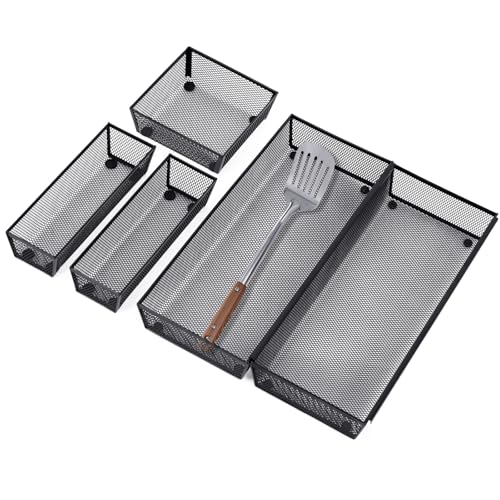 Neudeco Drawer Organizer - 5 Pack Metal Mesh Silverware Tray with Interlocking Design, 5 Compartment Cutlery Organizer for Kitchen Utensils, Black (15x6.2x2 inches) - color: Black-5L pack