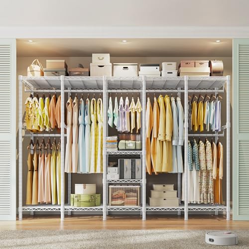 Raybee 88.2" W Clothes Rack Heavy Duty Clothing Racks for Hanging Clothes Extra Wide Portable Closet Loads 1200LBS Freestanding Garment Rack for Bedroom 88.2" W x 75.6" H x 15.7" D, White - color: White, style: NO COVER