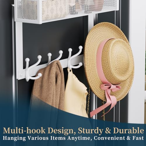 Consumest Over The Door Hooks Organizer - Door Hanger with Mesh Basket & 16 Coat Rack Hooks, Back Storage Organizer for Bedroom, Bathroom, Kitchen, Office, White - color: White-16 Hook 1 Mesh, size: 2 Tier