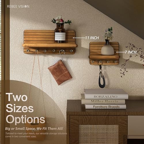 Rebee Vision Farmhouse Key Holder Wall Mount for Home Decor – Decorative 11-inch Pine Wooden Key Holder for Wall with 6 Hooks & Floating Shelf - Apartment Essentials for Tidy Space (Light Brown) - color: Light Brown, size: Medium-11inch