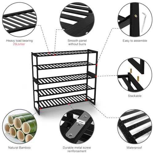 Jripae Shoe Rack Bamboo 5 Tier Shoe Organizer, Storage 20-25 Pairs for Closet Entryway, Stackable Large Tall Shoe Shelf Holder Stand Cubby for Door Hallway Bedroom Garage - size: 5-tier-long/32.5*10.5*30.3in