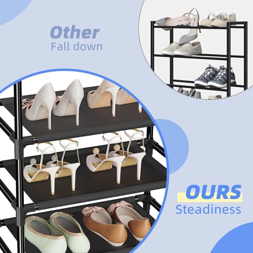 Simple Trending Tall Shoe Rack for Closet, 10 Tiers Narrow Shoe Shelf Holds 20 Pairs, Shoe Organizer Storage with Hooks, Black - size: 10 Tiers Narrow, Black