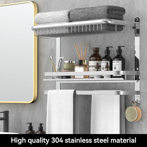 CAXIMSY Foldable 23.22 Inch Rowel Rack Wall Mounted with Bathroom Shower Shelves Stainless Steel Towel Bar Without Drilling and Screw Installation (Silvery) - color: Silvery