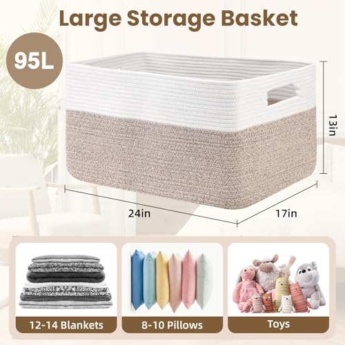 Optish 95L Large Blanket Basket, Woven Storage Baskets with Reinforced Handles, Rope Laundry Basket for Living Room, Bedroom, Nursery, Toys, Clothes,Pillows, 24” x 17” x 13.5”, White & Brown - color: White & Brown, size: 24" x 17" x 13.5"(95L)