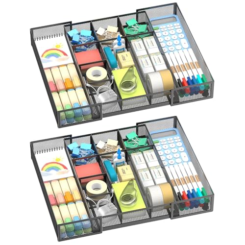 2 Pack Expandable Desk Drawer Organizer Tray with 10 Adjustable Compartments Metal Mesh Office Drawer Organizer for Home, School Supplies, Makeup Vanity & Jewelry (Black) - color: 2 Pack Black