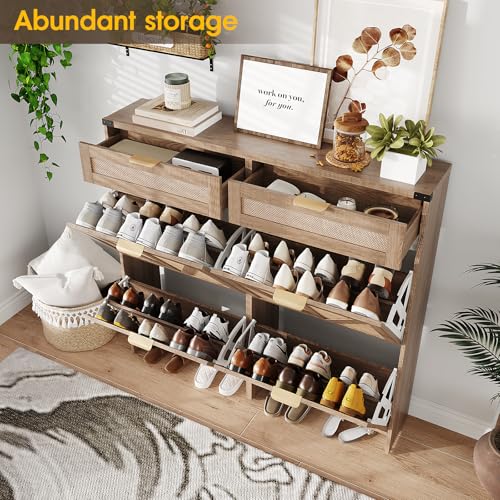 Halitaa Shoe Cabinet with 4 Flip Drawers & 2 Drawers,Farmhouse Shoe Storage Cabinet for Entryway,Slim Freestanding Organizer Rack for Front Door Entrance,Rustic Oak Rattan - color: Rustic Oak Rattan, style: 4-Drawers
