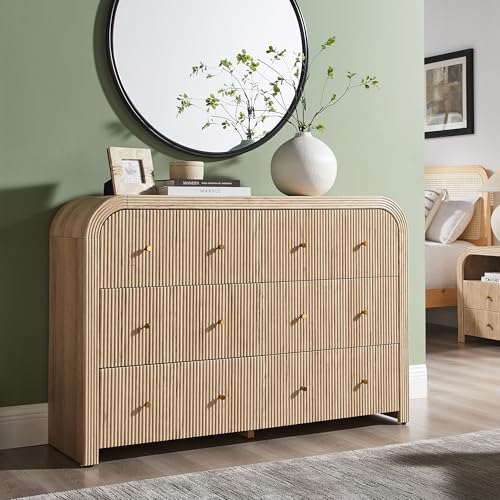 T4TREAM Fluted 6 Drawers Dresser for Bedroom, 54" Wide Modern Chest of Drawers with Thickened Curved Profile Design, Wood Dressers TV Stand for Bedroom, Living Room, Hallway, Natural Oak - color: Natural Oak, size: 15.75"D x 54"W x 36"H(6 Drawers)