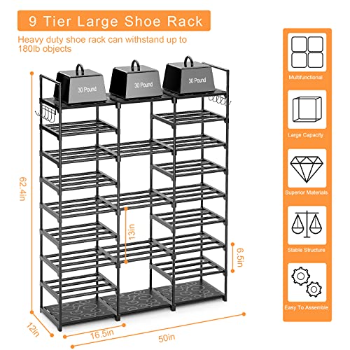 Kottwca 9-Tier Metal Shoe Rack Organizer for 50-55 Pairs - Space Saving Shoe Storage Shelf for Entryway, Closet, Bedroom, Hallway - size: 3 Row 9 Tier