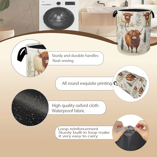 Laundry Hamper,Highland Cow Laundry Basket,Farmhouse Watercolor Flower Portable Collapsible Laundry Room Organization Storage for Dorm Room,Nursery,Bathroom,Bedroom,16x20 Inch - color: Highland Cow