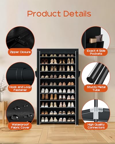 CASAMAYA Shoe Rack with Covers, 10 Tiers Tall Shoe Rack Organizer, Large Capacity Shoe Shelf Storage, Hold 40 Pairs of Shoes, Vertical Shoe Storage Organizer for Closet, Entryway, Black, SRT104B01 - size: 30.1"W - 10 Tier