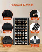 CASAMAYA Shoe Rack with Covers, 10 Tiers Tall Shoe Rack Organizer, Large Capacity Shoe Shelf Storage, Hold 40 Pairs of Shoes, Vertical Shoe Storage Organizer for Closet, Entryway, Black, SRT104B01 - size: 30.1"W - 10 Tier