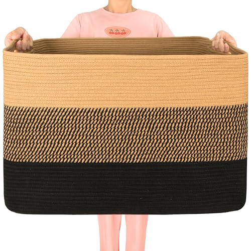 MINTWOOD Design 112L Extra Large Blanket Basket Holder Living Room, 25"x17"x16" Rectangle Rope Woven Storage Basket with Handles for Laundry, Pool Towels, Shoes, Dog Toy Organizer Bin Box, Black Jute - color: Black Jute