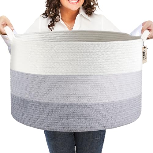 COMFY-HOMI XXXL Large Laundry Basket, Cotton Rope Nursery Woven Basket for Storage, Blanket Baskets Living Room Laundry Hamper, Dog Toy Storage Organizer, Home Decor-21''x21''x13.6''-White and Grey - color: white/grey