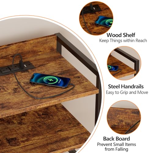 Furnulem Night Stand with Charging Station and Led Light, 4 Drawer Dresser for Bedroom, Small Nightstand Bedside Table, Fabric Bins, Metal Frame, Wood Shelf, Side Furniture(Rustic Brown) - color: Rustic Brown, style: 4 Drawer
