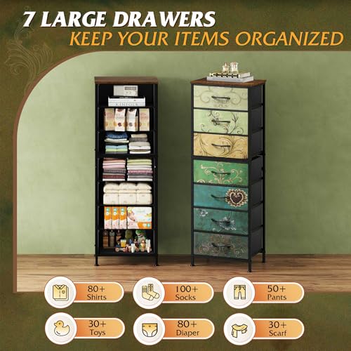 WLIVE Tall Dresser for Bedroom, 7 Drawer Dressers & Chests of Drawers, Fabric Dresser for Closet, Living Room, Night Stand with Metal Frame, Storage Tower with Fabric Bins, Wood Top, Floral Painted - color: Floral Painted, size: 11.73"D x 15.67"W x 45.28"