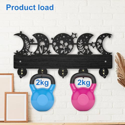 MAYJOYDIY Moon Phase Star Coat Rack Wall Mount Wooden Floral Moon Key Holder for Wall 11.8×5.5inch 5 Alloy Hooks Dreamy Wall Art Decor Black Key Rack Organizer for Gift Entryway Hallway Kitchen Room - color: Moon Phase Star