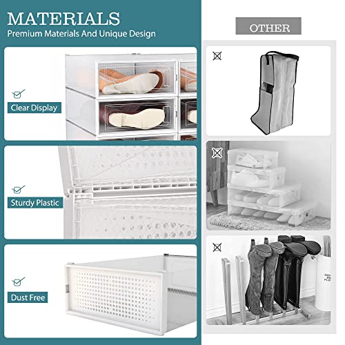 DHMAKER 8 Pack Boot Storage Box, Stackable Clear Plastic Boot Shoe Organizer for Tall Boots, Closet, Drop Front Boot Organizer, Large Shoe Container Boot Storage with Lid, 20.5" x 11.8" x 5.5"