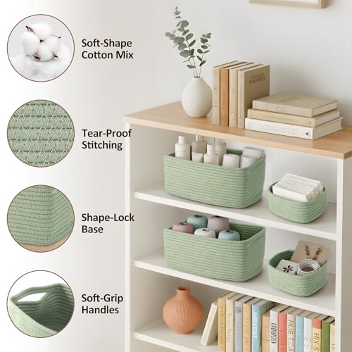 5-Pack Small Woven Rope Storage Baskets – 2 Sizes Organizer Bins for Closet, Shelf, Bookshelf, Nursery, Changing Table, Fabric Cube Boxes, Rectangular Shallow Bins for Bathroom, Toy & Home - color: Green