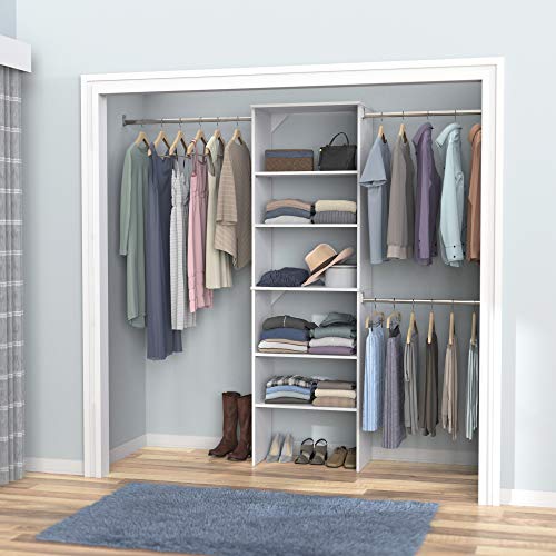 ClosetMaid SuiteSymphony Wood Closet Organizer System, 25-Inch Starter Kit with Tower and 3 Hang Rods and Shelving, Adjustable Shelves, Customizable Insert, Reach-in or Walk-in Closets, Pure White - style: Pure White Finish