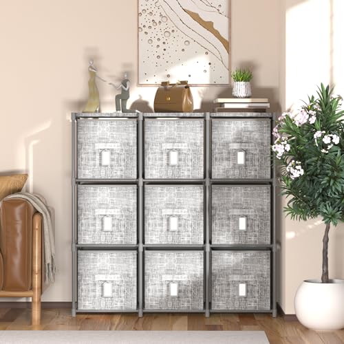 LUKYTOWER Cube Storage Organizer Shelf with Printed Bins + Labels, Cubby Storage Organizer with Bins, Large Capacity Shelves for Storage,Closet, Living Room, Dorm, Yarn (Grey, 9 Cube) - size: 9 Cube
