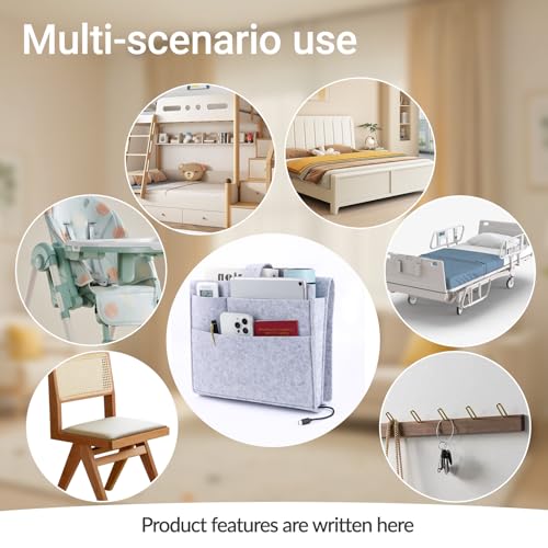 Seefoo Bed Caddy Organizer, Bunk Bed Shelf Caddy with 4 Pockets, Easy Storage as Books, Remotes, Magazine Holder, Sturdy Bedside Organizer for Bed, Bunk, Dorm, Sofa Grey