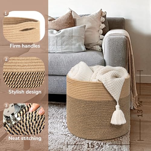 Goodpick Large Cotton Rope Basket 15.8"x15.8"x13.8" Wicker Basket for Blankets, Toy Storage for Living Room, Jute - color: Black & Jute, size: 15.8x15.8x13.8 Inch (Pack of 1)