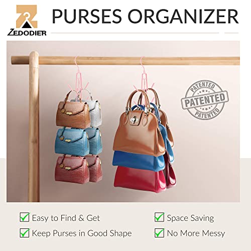 ZEDODIER 2 Pack Purse Organizer for Closet, Heavy-Duty Hanging Purse Hanger Closet Holds Up to 12 Purses, Metal Rotating Space Saving Bag Holder Handbag Storage Hook Backpack Rack, Pink - color: Pink, size: 2 Pack