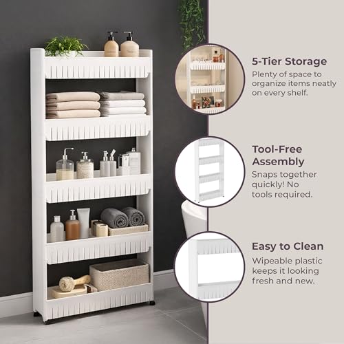 Slim Rolling Storage Cart - 5-Tier Utility Cart with Wheels for Bathroom, Kitchen, and Laundry Room - Bathroom Shelves by Lavish Home (White) - size: 5-Tier