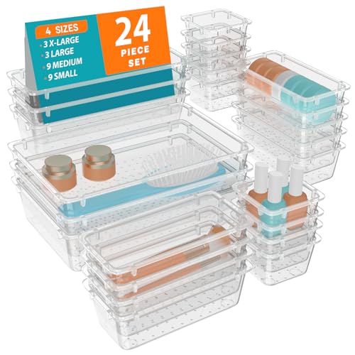 WOWBOX 24 PCS Clear Plastic Drawer Organizer Set, 4 Sizes Desk Drawer Organization and Storage Containers for Makeup, Cosmetics, Jewelry and Gadgets in Kitchen, Bathroom, Bedroom, Office, Clear - color: Clear, size: 24 PCS