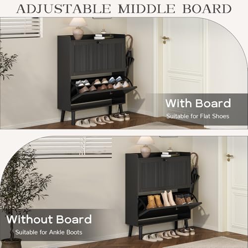 Fluted Shoe Cabinet with 2 Flip Drawers - Shoe Cabinet Storage for Entryway, 31.5" Wide Black Narrow Slim Shoe Rack with 2-Tier Adjustable Shelves for Hallway