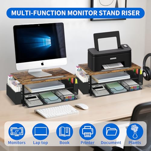 AUPSEN Wood Desk Organizers and Accessories, 2-Tier Computer Monitor Stand Riser with Drawer, Pen Storage & Phone Holder, Office Desk Accessories, Workspace Desktop Organization for Office Supplies（Brown） - color: Brown Wood
