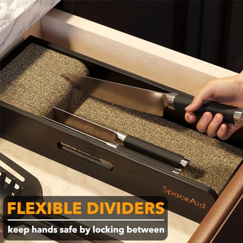 SpaceAid Knife Drawer Organizer Bamboo Insert Dock, Kitchen Steak Knives Holder Organizers Block for Drawer in Storage Organization (Small, Black) - size: Black, Small
