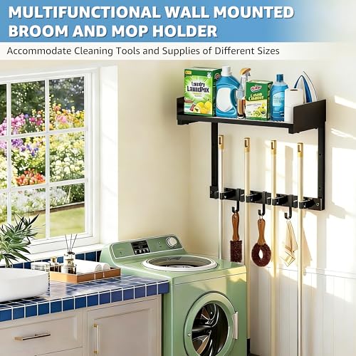 HUFAND Broom Holder Wall Mount, 15" Large Mop and Broom Organizer Wall Hanging with Top Storage Shelf, Heavy Duty Iron Utility Rack for Laundry Room, Garage, Kitchen, Garden - Black - size: small