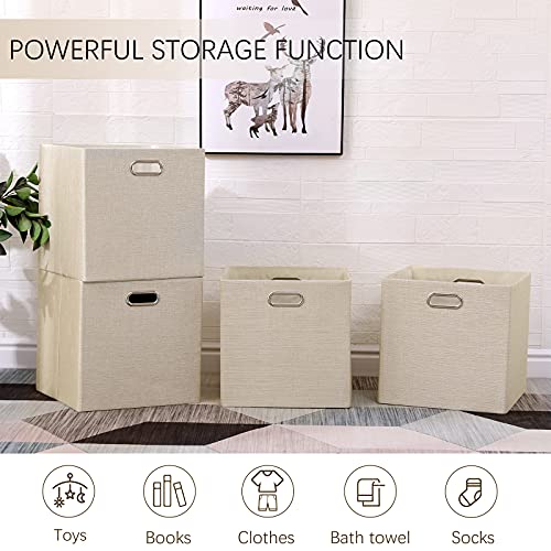 Cube Storage Bins 13×13 Inch Linen Foldable Box with Handles, Collapsible Organization Basket Set of 4 Large Capacity Drawer for Closet Shelf Cabinet Bookcase Bedroom, Beige - color: Beige
