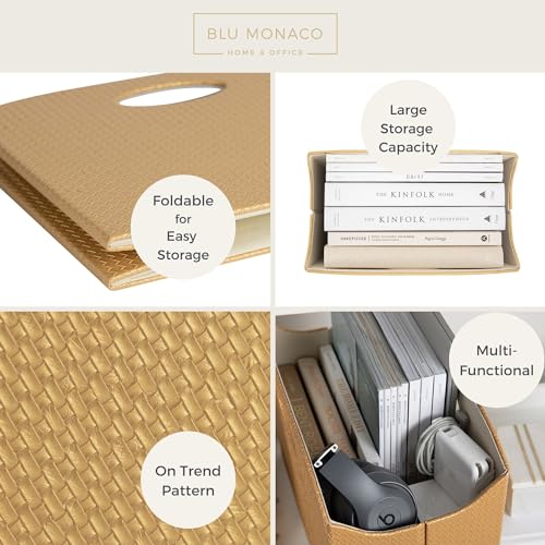 BLU MONACO | Gold Magazine Holder | Woven PVC Leather Organizer with MDF Frame | Floor or Table Storage for Home Office Bathroom | Large Capacity Vertical File Basket - color: Gold
