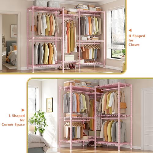 Raybee Clothes Rack, Clothing Racks for Hanging Clothes, L Shaped Clothing Rack for Corner 900LBS Heavy Duty Clothes Rack Garment Rack 74.5" W X 18" D X 77" H, Pink - color: Pink, style: Large Clothes Rack