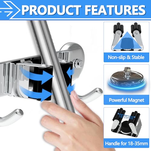 3-H Magnetic Broom Holder Wall Mount 1 Pack, 2-in-1 Dual Mount (No Drill or Screw Fix), 304 Stainless Steel Heavy Duty Magnet Mop Broom Organizer for Kitchen Garden Garage(3 Racks & 4 Hooks,Silver) - color: Silver, size: 1pc & 3R4H