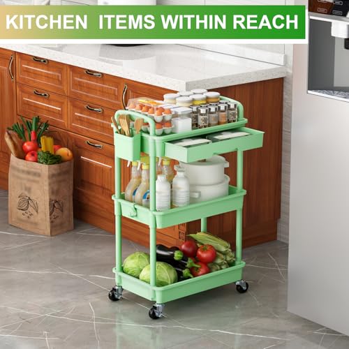 Goovilla 3 Tier Rolling Utility Cart Organizer with Removable Drawer, Stable and Sturdy Green Rolling Storage Carts with 2 Lockable Wheels for Bathroom, Kitchen, Snack, Craft, Makeup, Baby Essentials - size: 3 Tier, style: Green