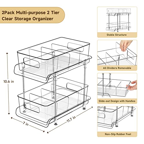 HIHEGD 2-Tier Bathroom Organizer with Dividers, Clear Under Sink and Pull-Out Cabinet Organizer for Kitchen and Pantry Storage - color: Clear-2Pcs