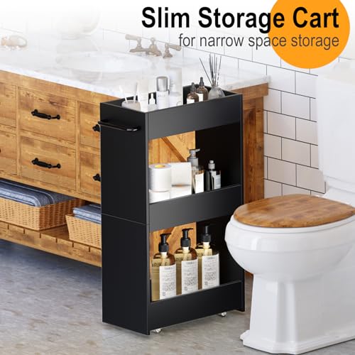 MARTY Wood Rolling Storage Cart 7.9" W, 3 Tier Slim Utility Kitchen Cart on Wheels Laundry Room Bathroom Organizers Narrow Shelves with Handle Mobile Shelving Unit for Small Places, Black - color: Black