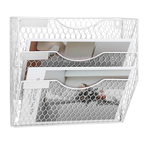 EASEPRES Mail Organizer Wall Mount Hanging File Holder Storage, Metal Chicken Wire Magazine Rack 3 Tier, White - color: White, size: 3 Tier