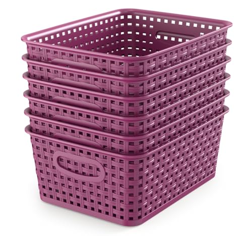 WYT 6-Pack Plastic Small Shelf Storage Weave Baskets Organizing for Cabinets and Pantries, Deep Purple - color: Deep Purple, size: 6-Pack