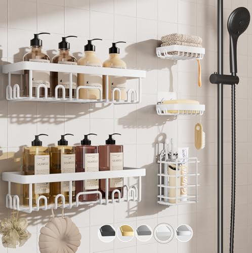 Veken Adhesive Shower Caddy 5-Pack,Heavy Weight Bearing,Large Wall Mounted Shower Shelves Rack,Organizer Storage Accessories with Soap Dish&Toothbrush Holder,Ideal for Bathroom,Home&Kitchen,White - color: D. White