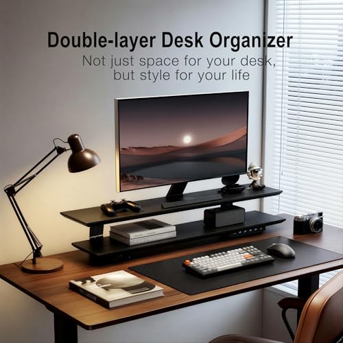 2-Tier Dual Monitor Riser with 6-Port Hub – 39.4" Extra Wide Solid Wood Plywood Desk Stand for Dual Monitors, 30w Fast Charging USB C/A Ports, Heavy Duty Desk Organizer, Black Wood Grain Finish