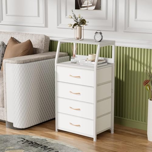 Furnulem Tall 4 Drawers Dresser, Vertical Storage Tower for Bedroom, Hallway, Entryway, Nursery, Closet Organizer, Nightstand Bedside Table Furniture, Sturdy Steel Frame, Wood Top, White - color: White, style: 4 Drawers