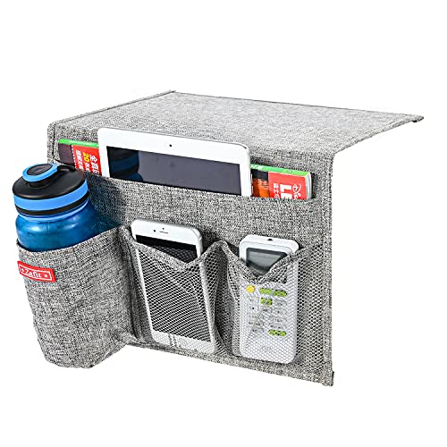 Zafit Linen 4 Pockets Bedside Caddy, Bedside Storage Organizer with Water Bottle Holde for Magazine, Remotes, Phone (Grey) - color: Grey, size: 4 Pockets