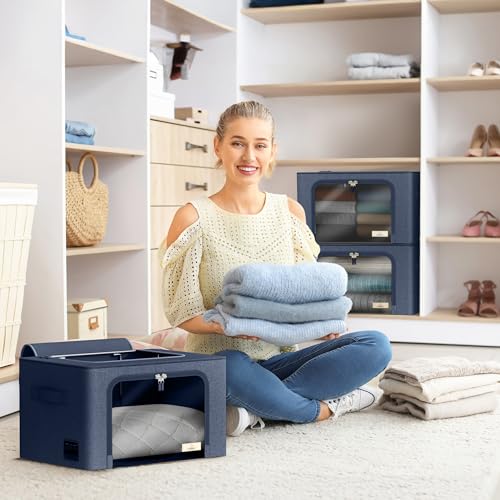 Sorbus Storage Bins with Metal Frame - Stackable & Foldable Clothes Organizer Bags - Oxford Fabric Storage Containers with Large Clear Window & Carry Handles Organization for Bedding Linen & Clothing - color: Blue, size: 2 Pack