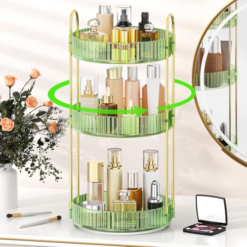 MOKANI 360 Rotating Makeup Organizer for Vanity, 3 Tier Adjustable Perfume Organizer for Dresser, Multi-Function Spinning Cosmetics Skincare Storage for Bedroom, Dresser, Countertop, Green - color: A-Green, size: 3 Tier