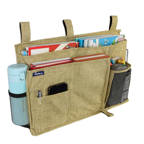 Surblue Bedside Caddy Hanging Bed Organizer Storage Bag Pocket for Bunk and Hospital Beds, College Dorm Rooms Baby Bed Rails, Camp 8 Pockets, (Large, Linen) - color: Linen, size: Large