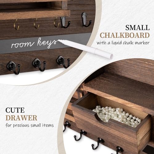 Nekon Key Holder Wall Mount, Rustic Mail and Keys Shelf for Wall Organization with 13 Hooks, Home Decor Accessory with Drawer, Brown - color: Brown